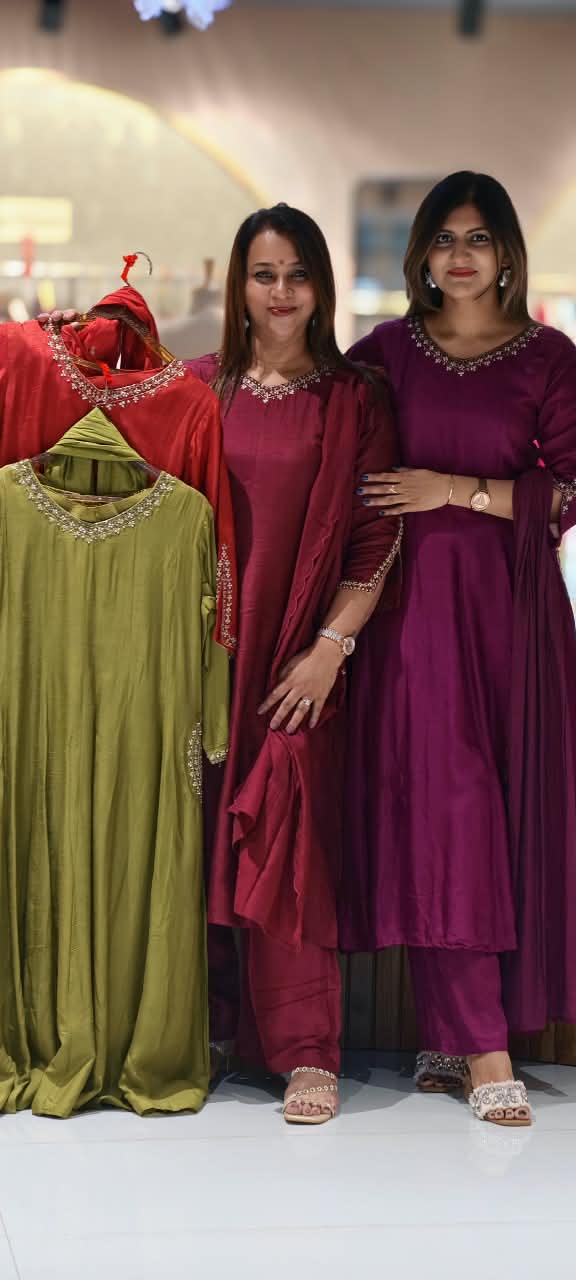 Solid Grace Smart Minimal Embroidery Over Neckline & Pockets Russian Silk A-Line Full Suit Set With Dupatta- 15233