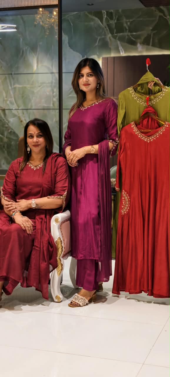 Solid Grace Smart Minimal Embroidery Over Neckline & Pockets Russian Silk A-Line Full Suit Set With Dupatta- 15233