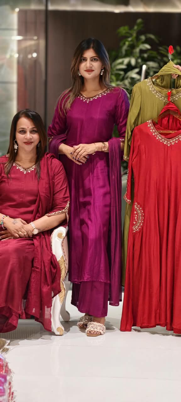Solid Grace Smart Minimal Embroidery Over Neckline & Pockets Russian Silk A-Line Full Suit Set With Dupatta- 15233