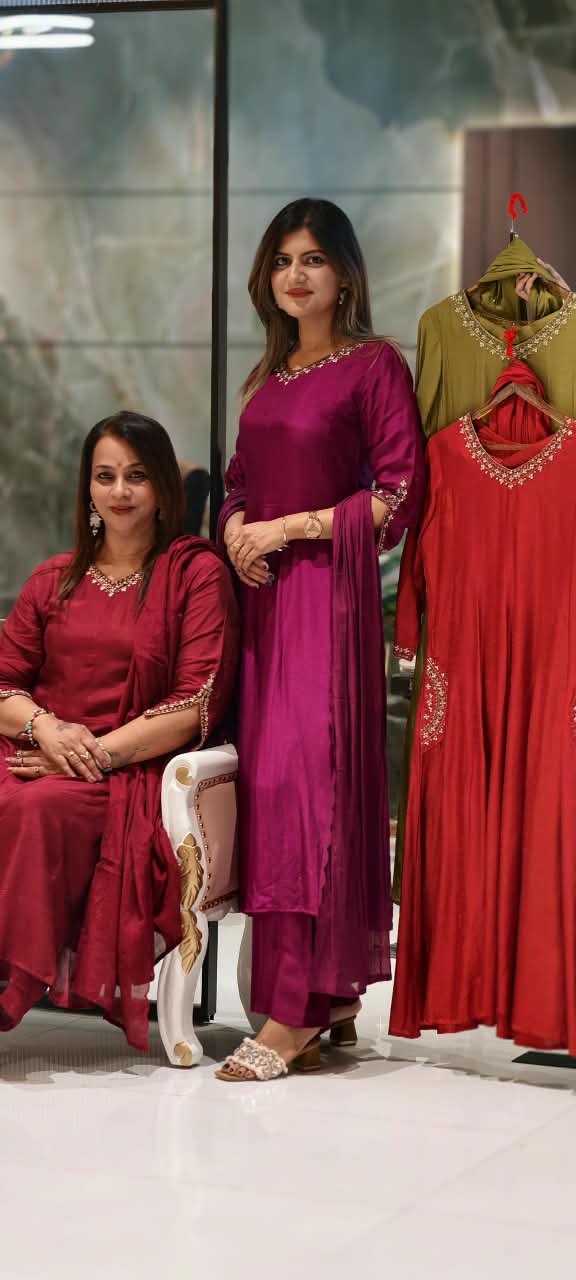 Solid Grace Smart Minimal Embroidery Over Neckline & Pockets Russian Silk A-Line Full Suit Set With Dupatta- 15233