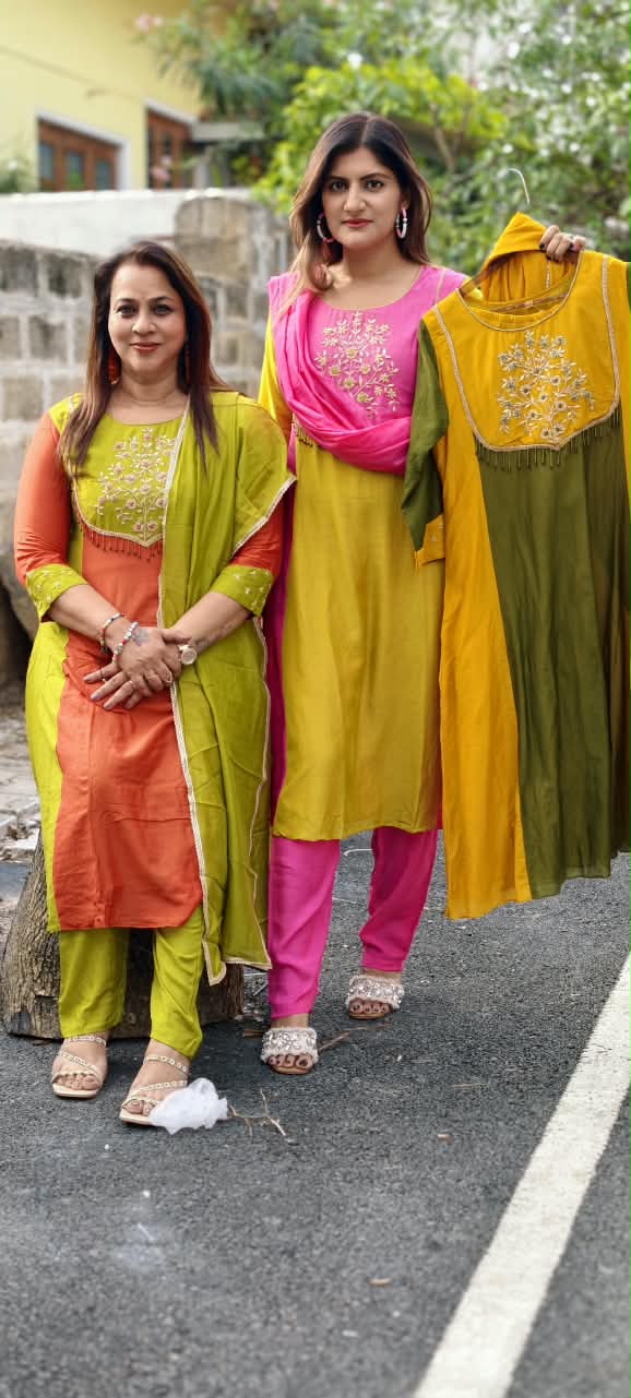 Vibrant Dual Tone Minimal Yoke Embroidered Panel A-Line Full Suit Set With Dupatta In Mul-Chanderi Fabric- 16083