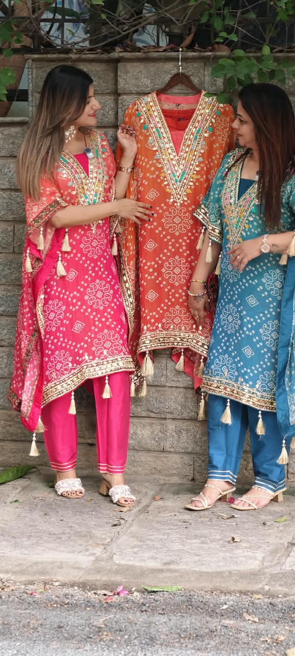 Tassel Detailing Bandhani Printed Kaftan Kurta Set With Straight Bottom and Gota Patti & Mirror Work- 16079
