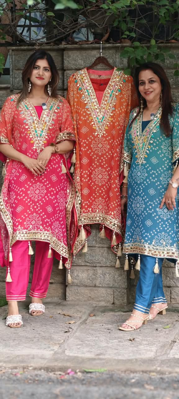 Tassel Detailing Bandhani Printed Kaftan Kurta Set With Straight Bottom and Gota Patti & Mirror Work- 16079
