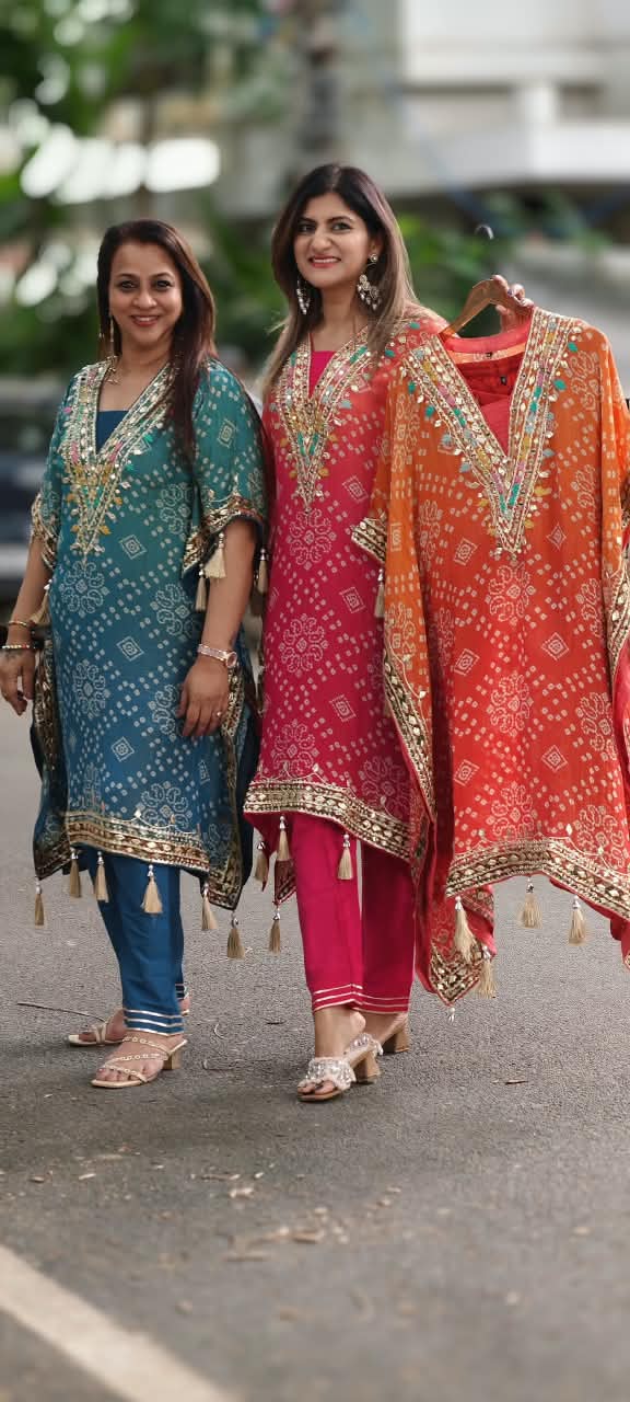 Tassel Detailing Bandhani Printed Kaftan Kurta Set With Straight Bottom and Gota Patti & Mirror Work- 16079