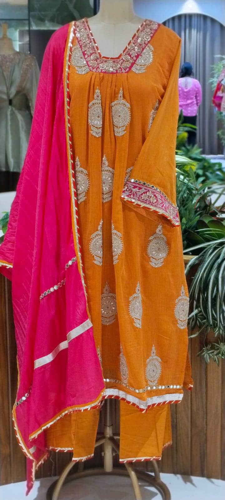Heavy Zardosi Embroidered Real Mirror Work Over Daman & Sleeve A-Line Full Suit Set With Dupatta- 16072