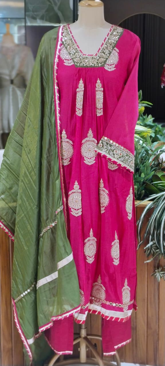 Heavy Zardosi Embroidered Real Mirror Work Over Daman & Sleeve A-Line Full Suit Set With Dupatta- 16072