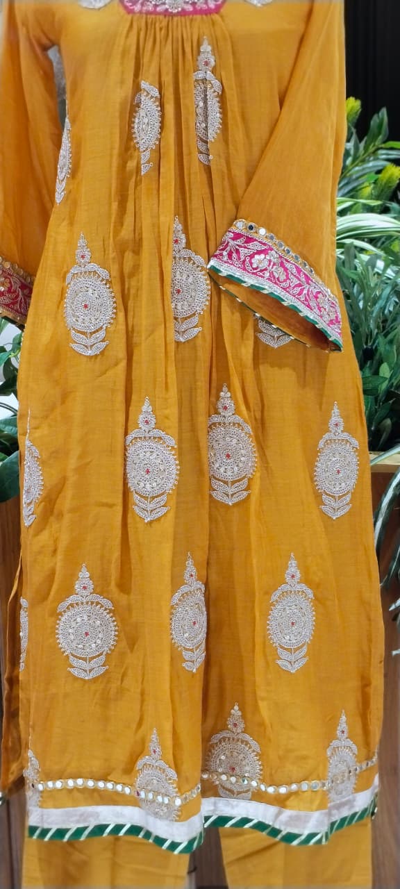 Heavy Zardosi Embroidered Real Mirror Work Over Daman & Sleeve A-Line Full Suit Set With Dupatta- 16072