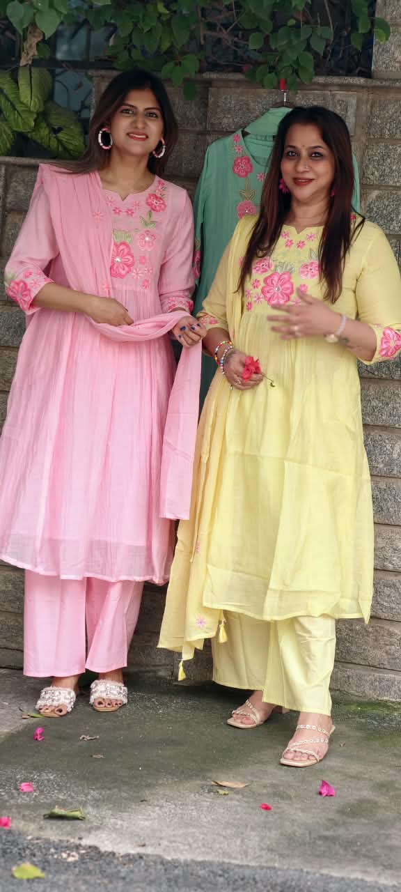 Fine Intricate Cute Floral Embroidered Block Yoke A-Line Full Suit Set With Dupatta- 16086