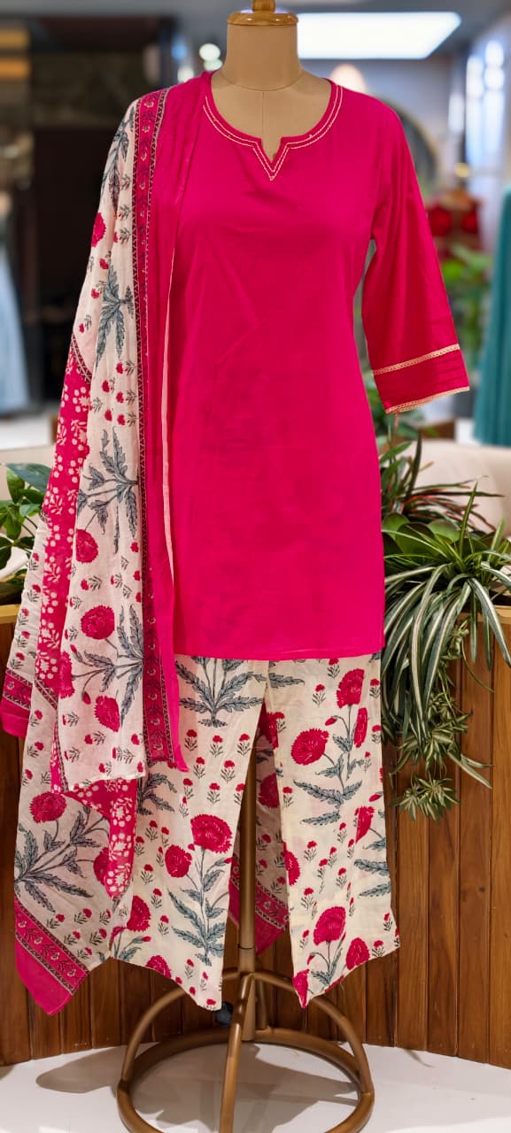 Cotton Full Suit Set With Solid Shade Short Kurta & Beautiful Floral Printed Bottom & Dupatta- 15831