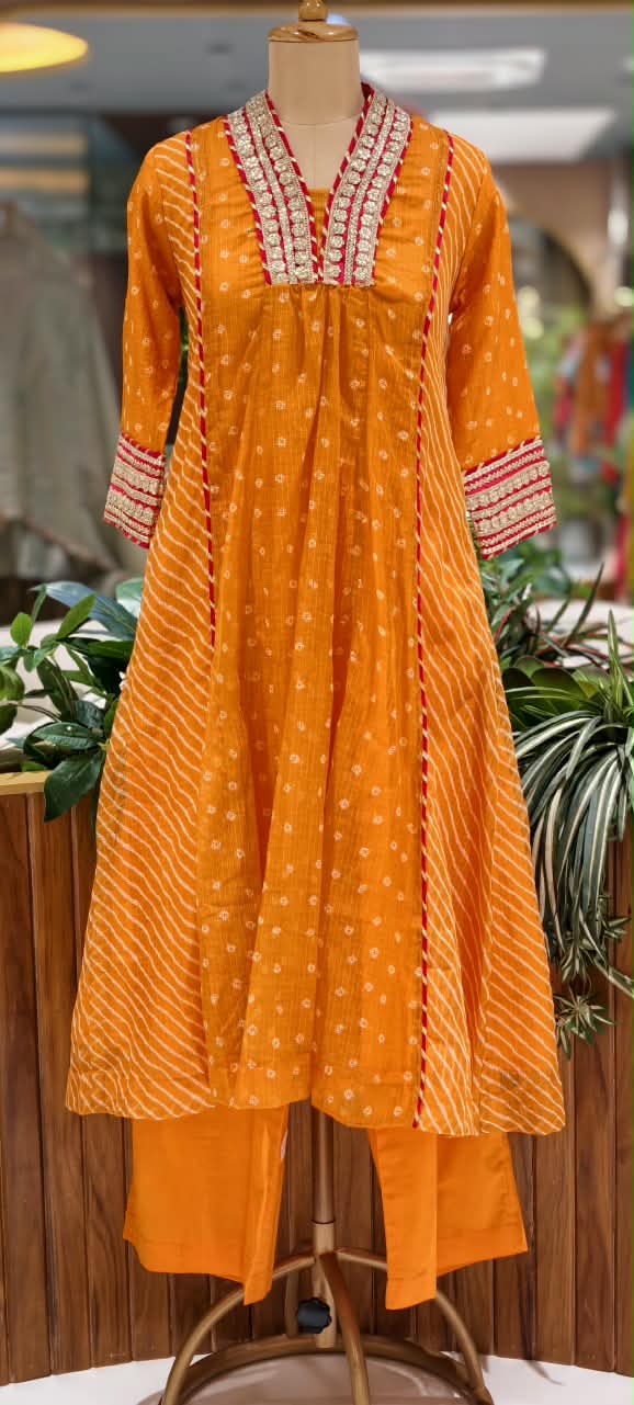 Blunt Orange With Golden Zardosi Red Highlights Kota Doria A-Line Full Suit Set With Dupatta- 16099