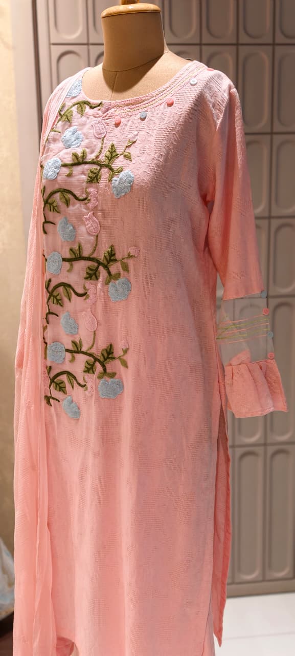 Spring Floral Fine Embroidered Pure White Premium Imported Fabric Full Suit Set With Dupatta- 15194