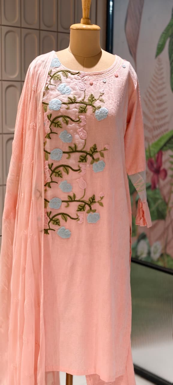 Spring Floral Fine Embroidered Pure White Premium Imported Fabric Full Suit Set With Dupatta- 15194