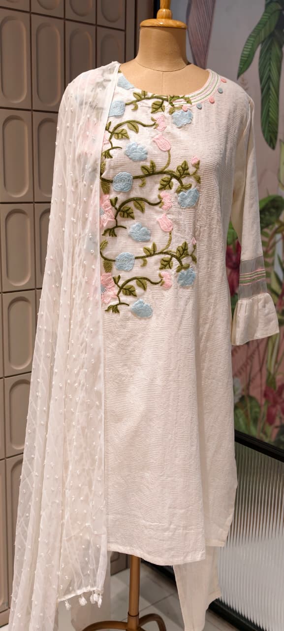 Spring Floral Fine Embroidered Pure White Premium Imported Fabric Full Suit Set With Dupatta- 15194