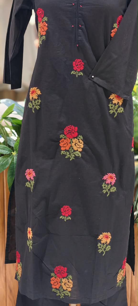 Cross-Stitch Abstract Floral Embroidery Straigth Cotton Full Suit Set With Dupatta- 16093