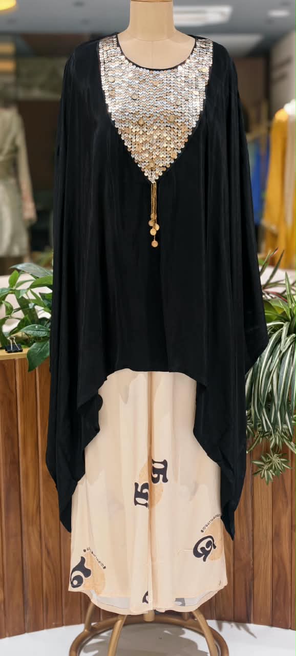 Heavy Shimmery Sequin With Coin Detailing Yoke Latkan Elegance Indo Look Kaftan Style Co-Ord Set- 16041