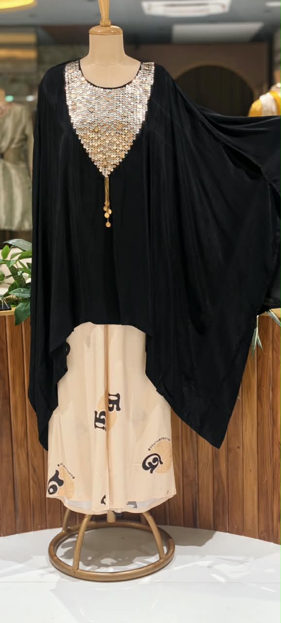 Heavy Shimmery Sequin With Coin Detailing Yoke Latkan Elegance Indo Look Kaftan Style Co-Ord Set- 16041