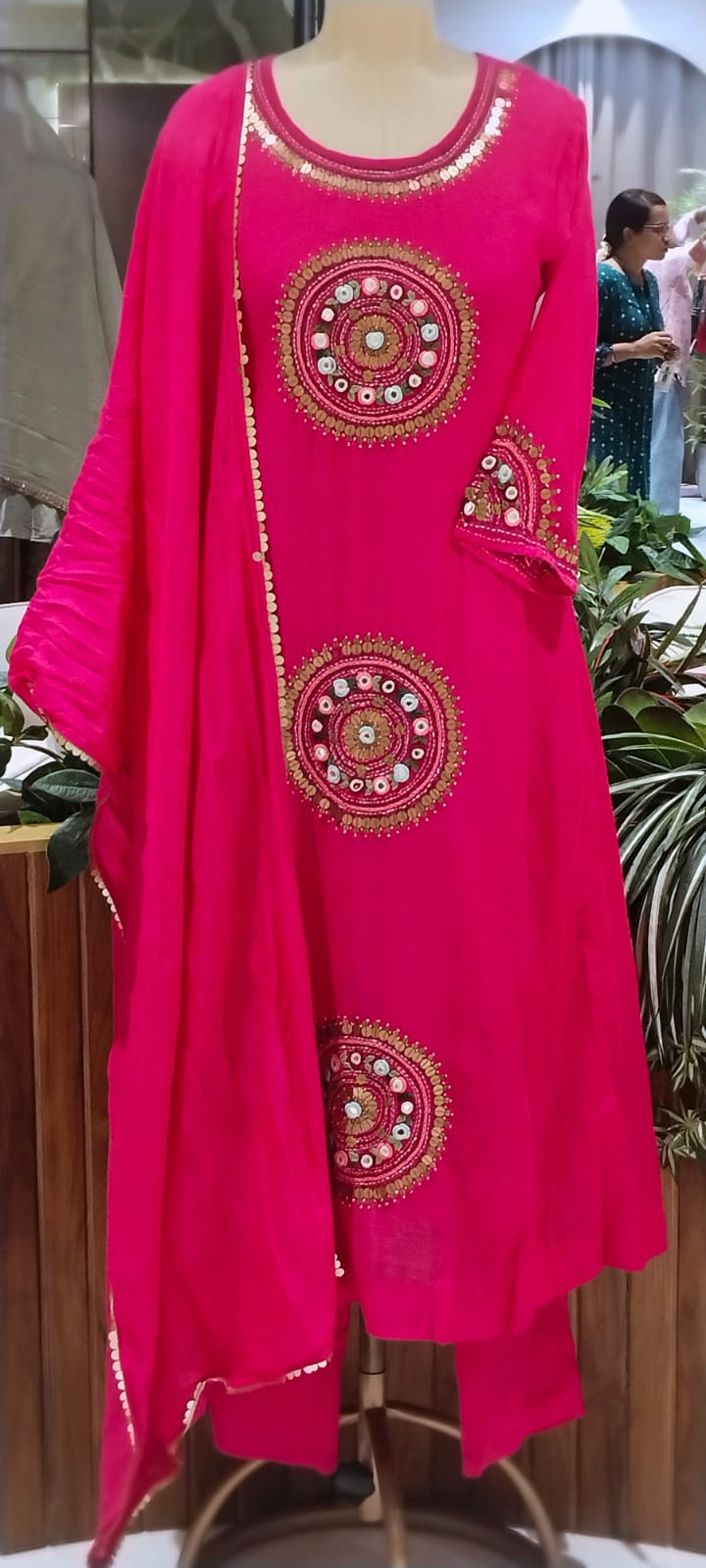Heritage Intricate Mirror Tribal-Inspired Embroidery and Artisan Detailing Mul-Chanderi A-line Full Suit Set With Dupatta-16109