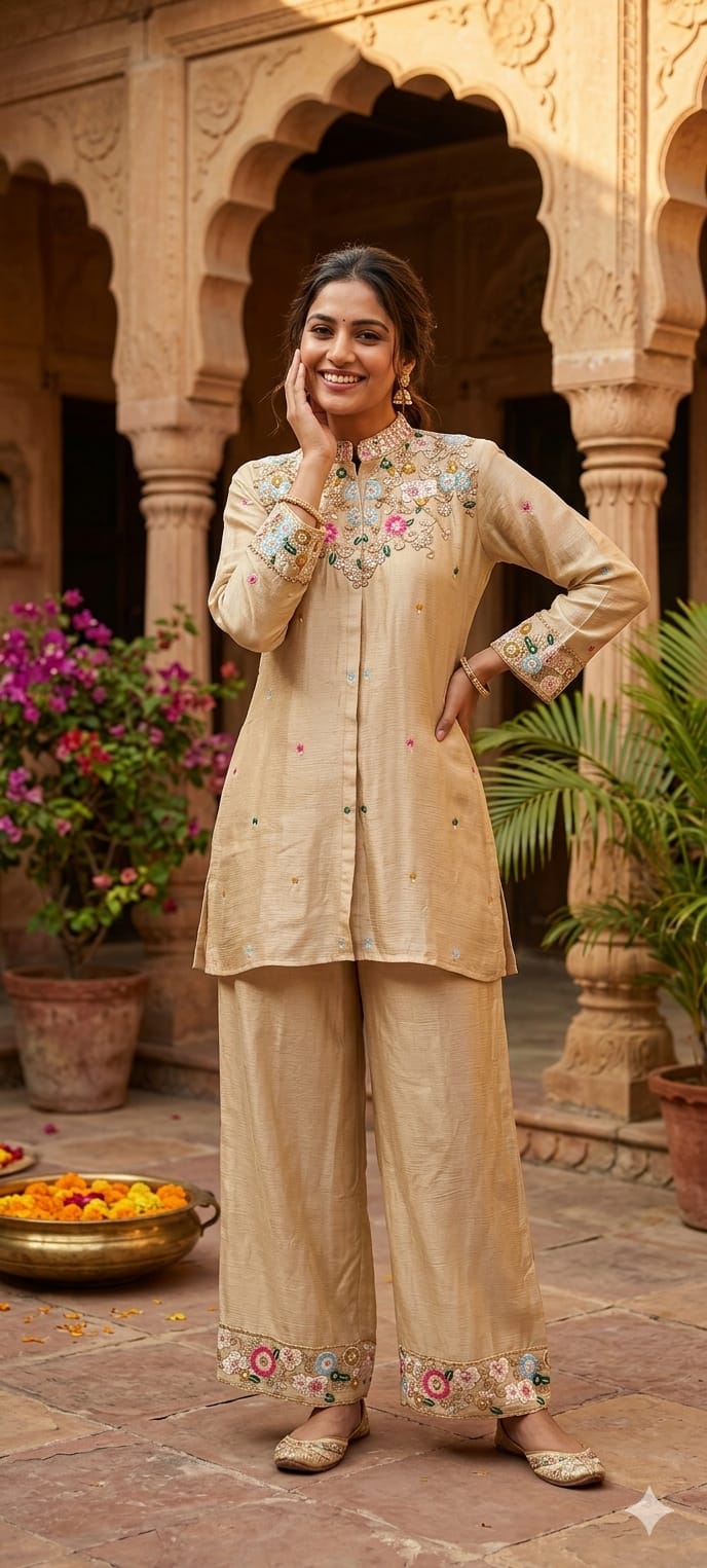Multicolor Vibrant Floral Intricate Embroidery Light Shade Chinon Co-Ord Set- 15244