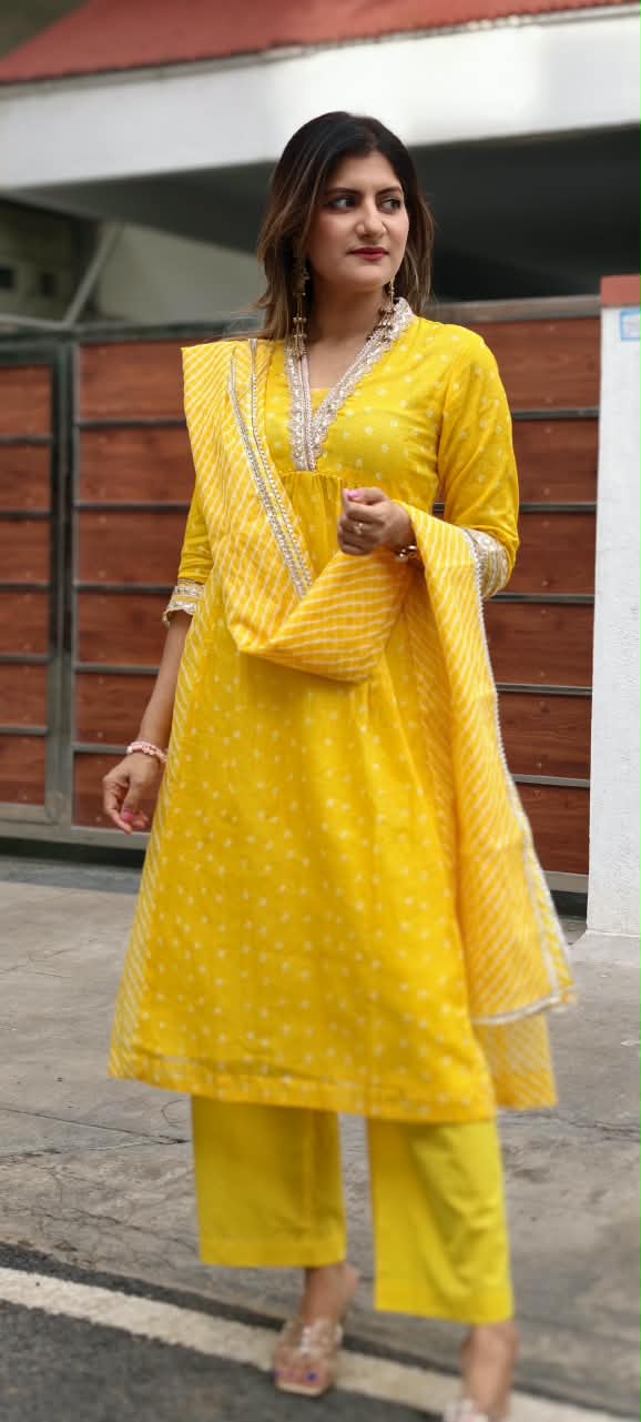 Summer Grace Fresh Yellow Vibe Kota Doria A-Line Full Suit Set With Dupatta- 16134
