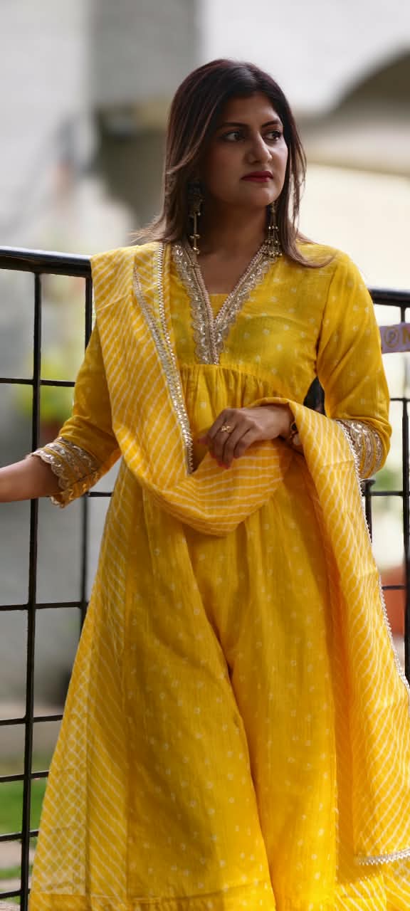 Summer Grace Fresh Yellow Vibe Kota Doria A-Line Full Suit Set With Dupatta- 16134