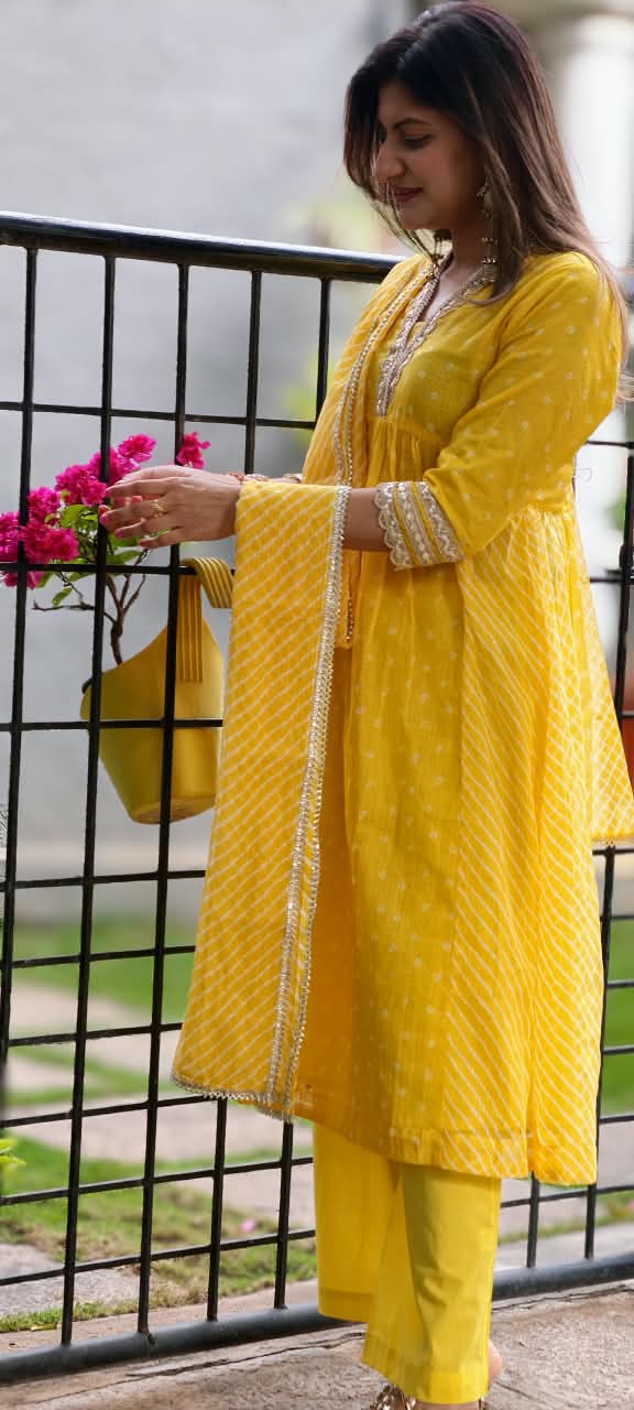 Summer Grace Fresh Yellow Vibe Kota Doria A-Line Full Suit Set With Dupatta- 16134