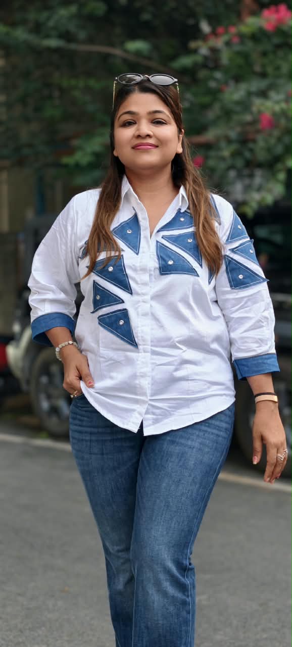 Crisp White Collared High-Low Tunic Top with Blue Denim Geometric Triangle Patchwork & Stud Accent Trim- 16120