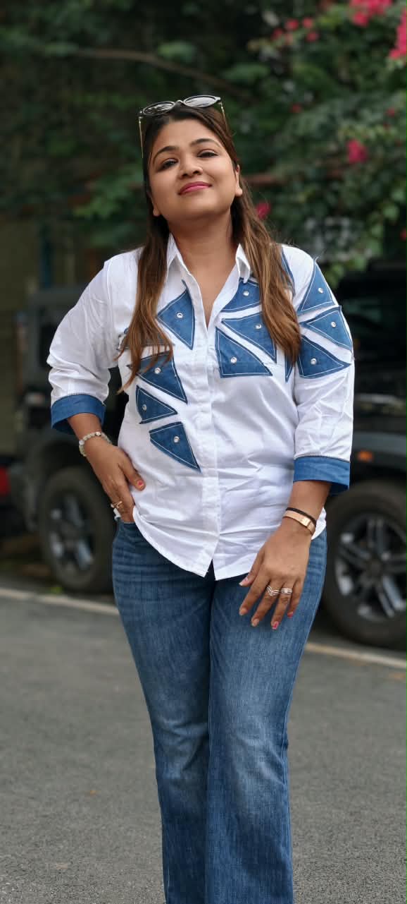 Crisp White Collared High-Low Tunic Top with Blue Denim Geometric Triangle Patchwork & Stud Accent Trim- 16120