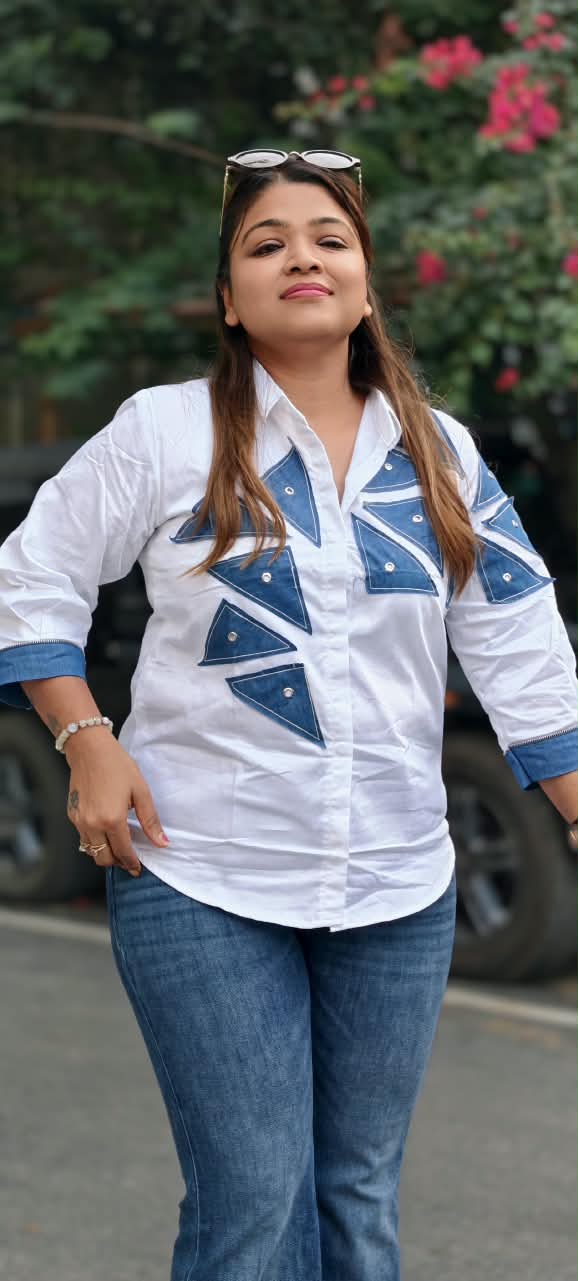 Crisp White Collared High-Low Tunic Top with Blue Denim Geometric Triangle Patchwork & Stud Accent Trim- 16120