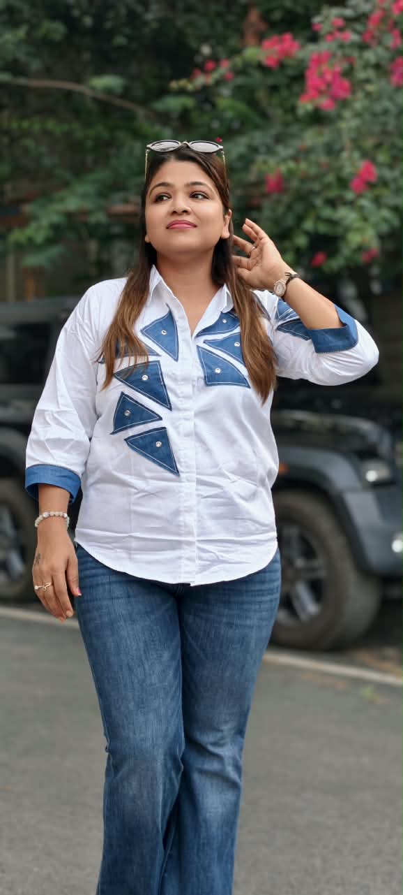 Crisp White Collared High-Low Tunic Top with Blue Denim Geometric Triangle Patchwork & Stud Accent Trim- 16120
