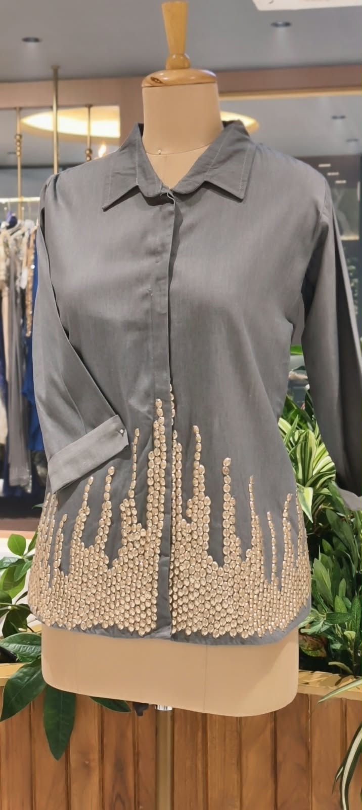 Green Grey Collared High-Low Tunic Top with Metallic Gold Bead & Stud Embellished Hem- 16114