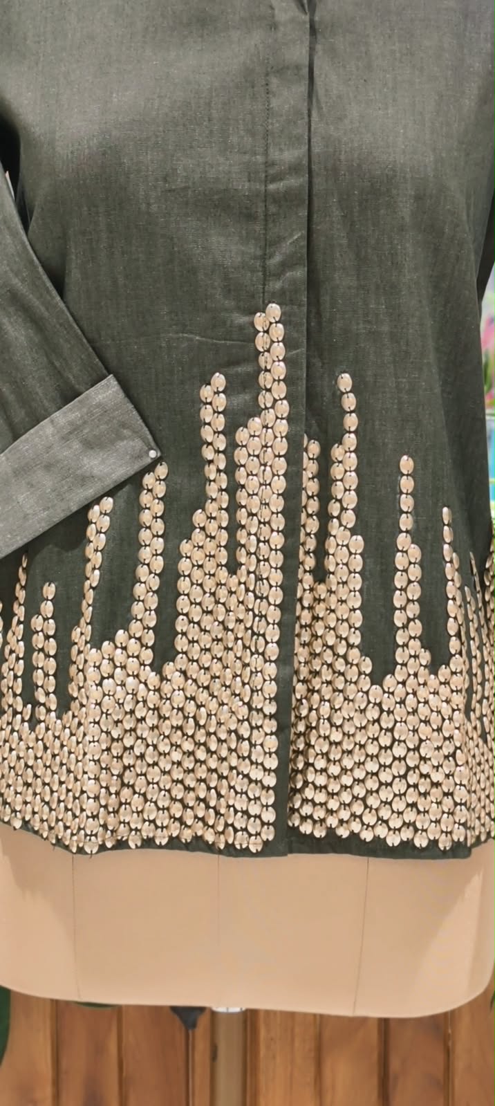 Green Grey Collared High-Low Tunic Top with Metallic Gold Bead & Stud Embellished Hem- 16114