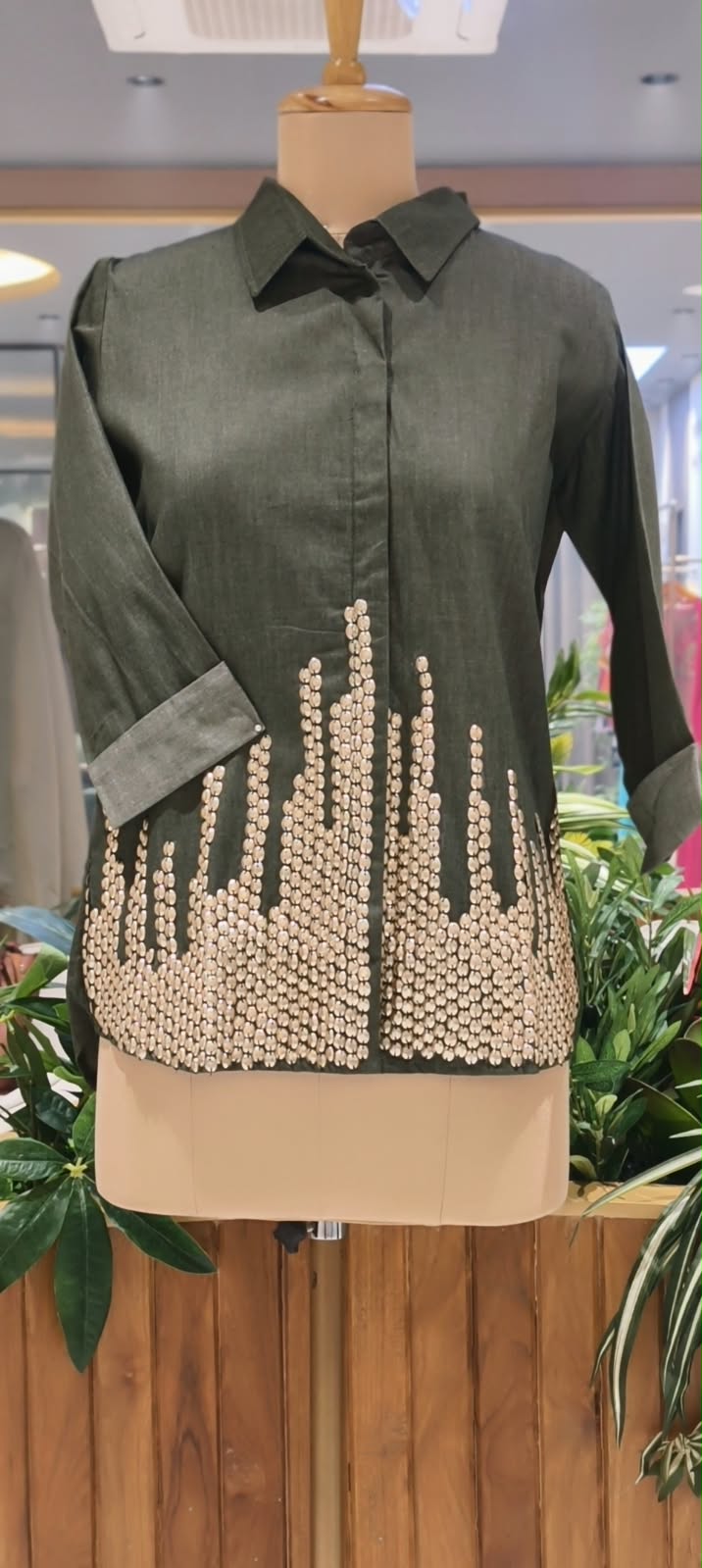 Green Grey Collared High-Low Tunic Top with Metallic Gold Bead & Stud Embellished Hem- 16114