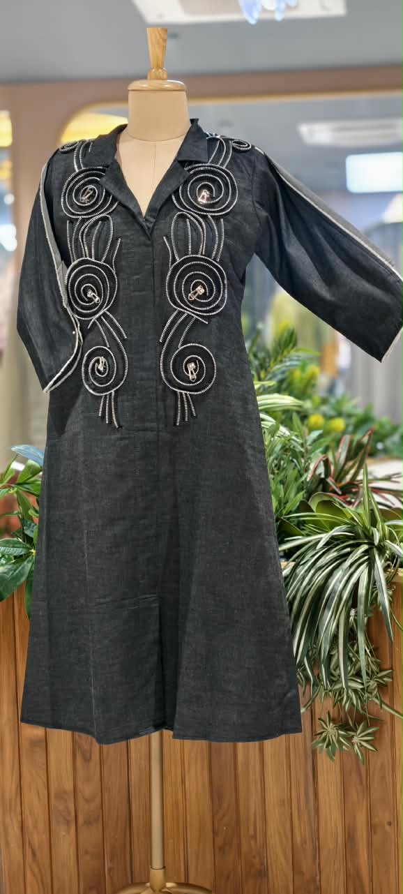Dark Shade Longline Denim Shirt Dress with Statement Spiral Zipper Embellishments and Metallic Accents- 16112