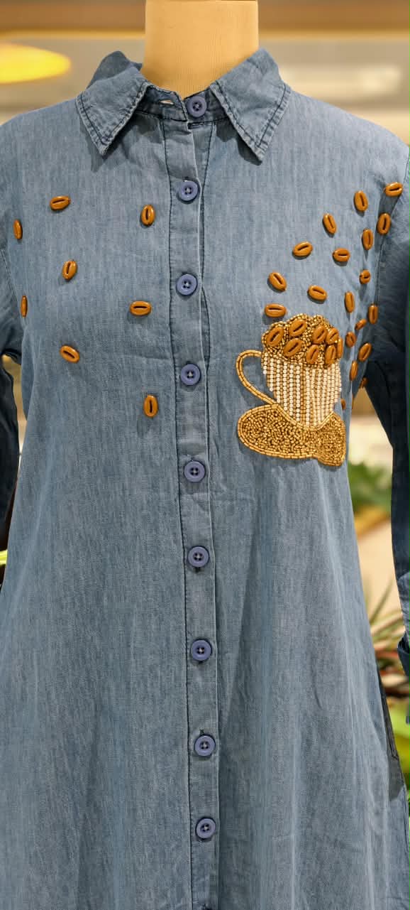 Coffee Bean Shiny Embellishment Work Cute Mofits Denim Ankle Length Frock- 16022