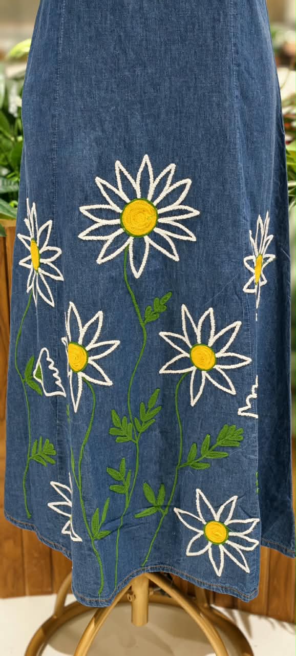 Giant Graceful Mustard Floral Embroidered Denim Frock With Puff Sleeve- 16021