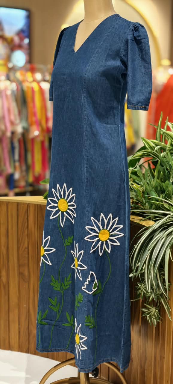 Giant Graceful Mustard Floral Embroidered Denim Frock With Puff Sleeve- 16021