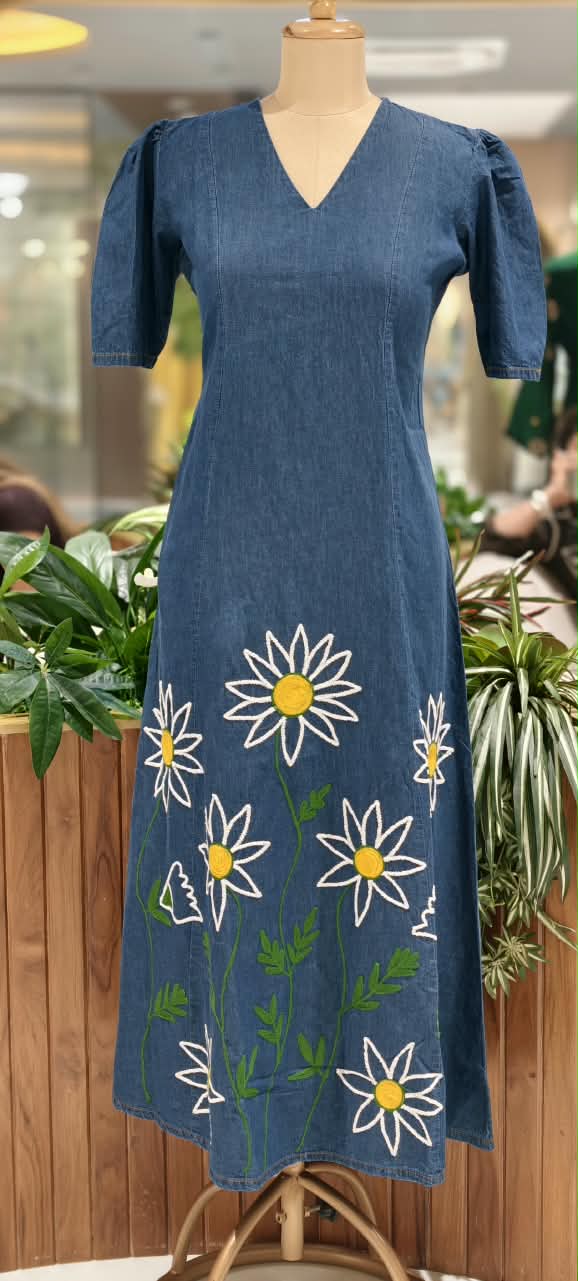 Giant Graceful Mustard Floral Embroidered Denim Frock With Puff Sleeve- 16021