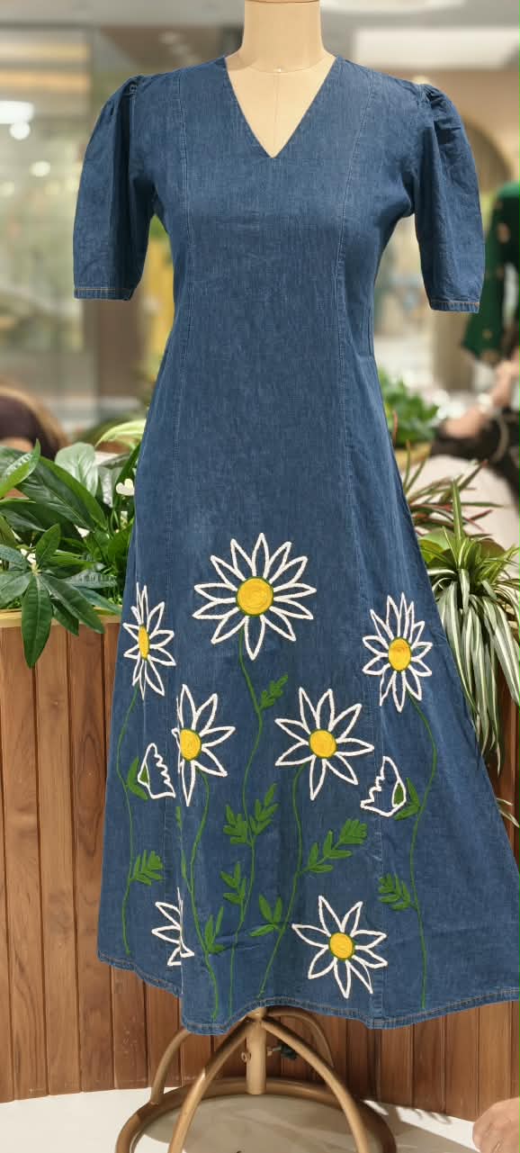 Giant Graceful Mustard Floral Embroidered Denim Frock With Puff Sleeve- 16021