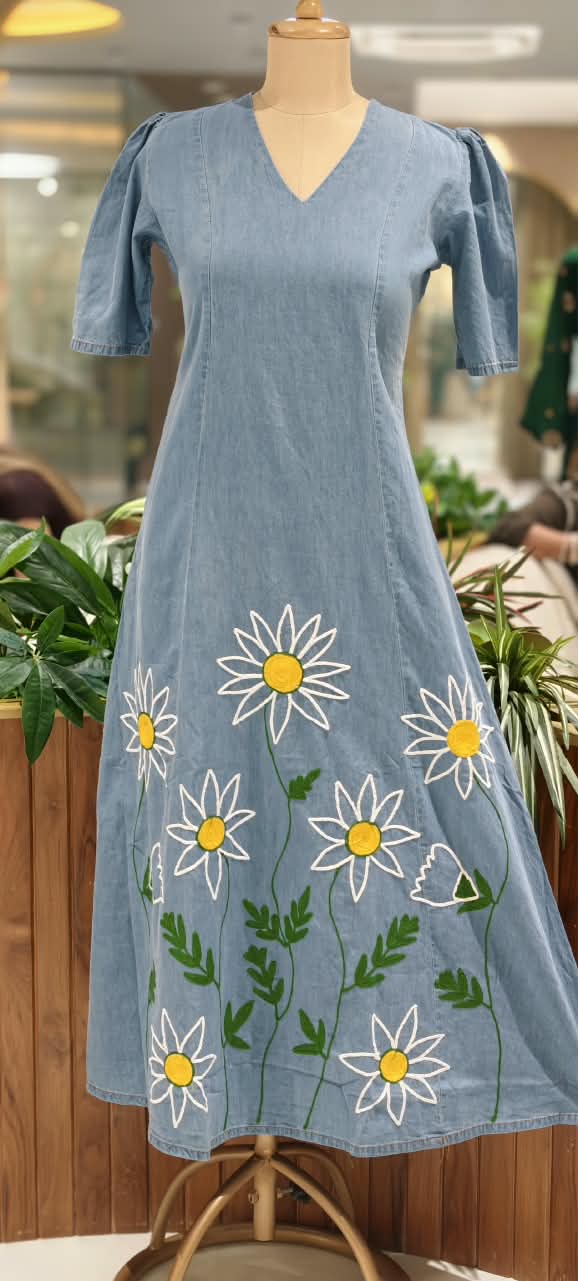 Giant Graceful Mustard Floral Embroidered Denim Frock With Puff Sleeve- 16021