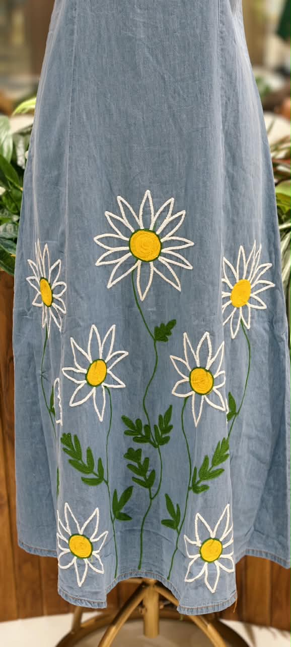 Giant Graceful Mustard Floral Embroidered Denim Frock With Puff Sleeve- 16021
