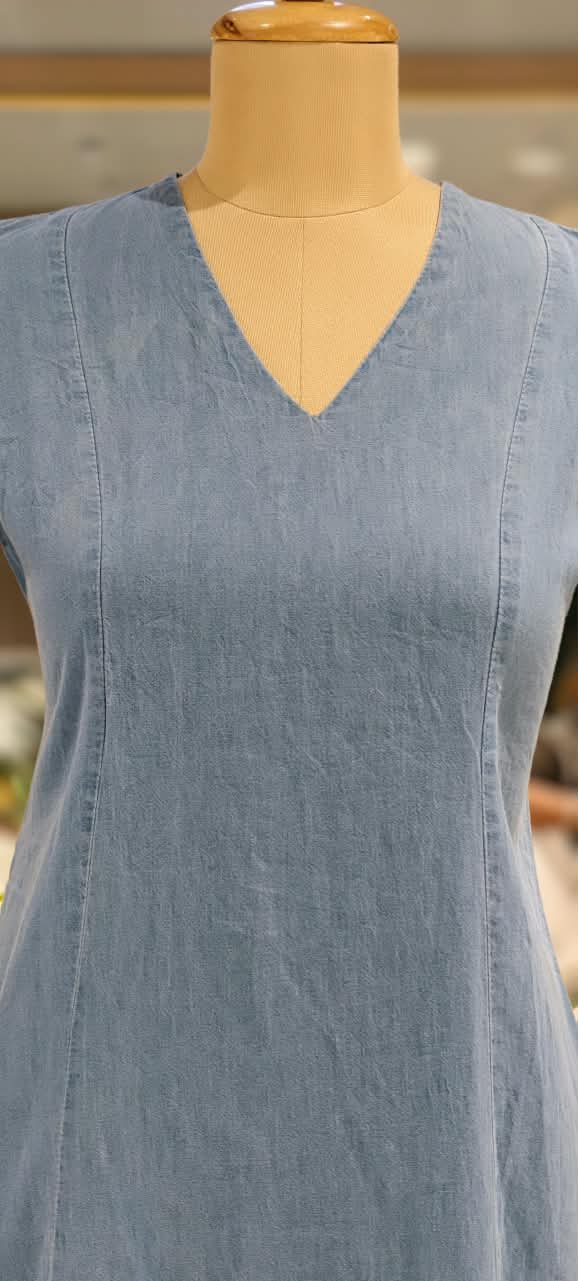 Giant Graceful Mustard Floral Embroidered Denim Frock With Puff Sleeve- 16021