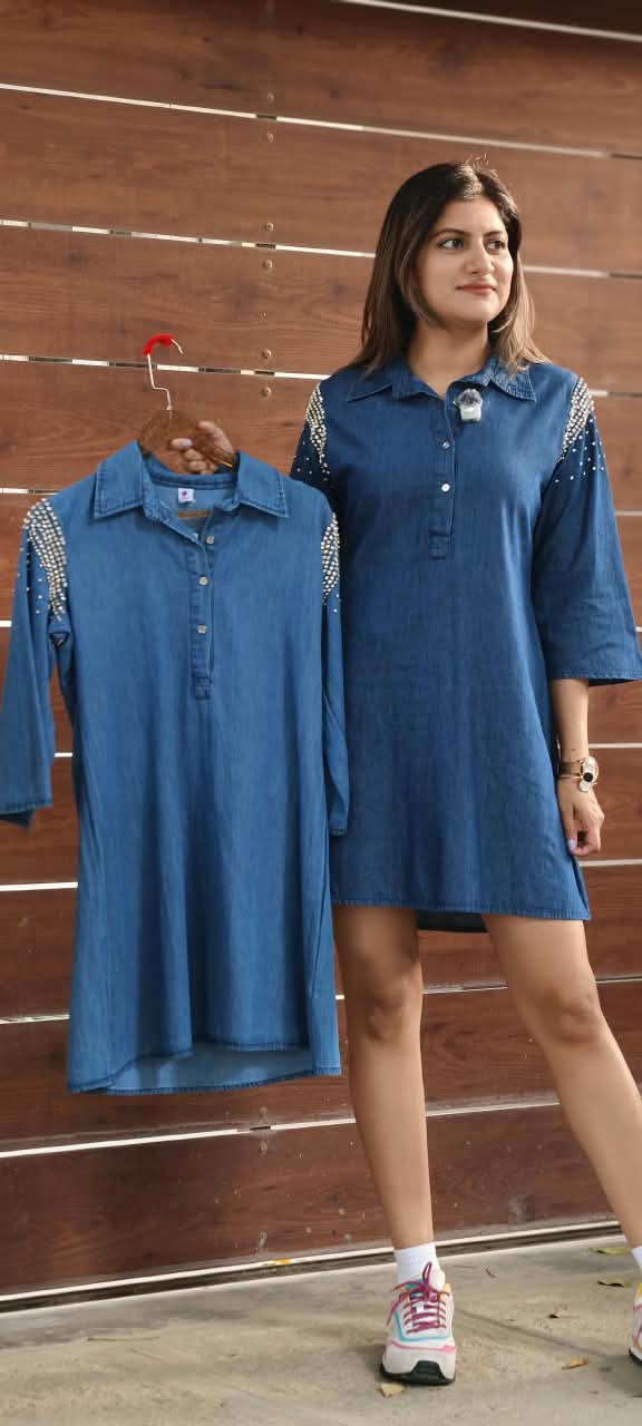 Reinstone Sparkling Elegance Denim One-Piece Western Shirt Dress- 15640(Lean Fit)
