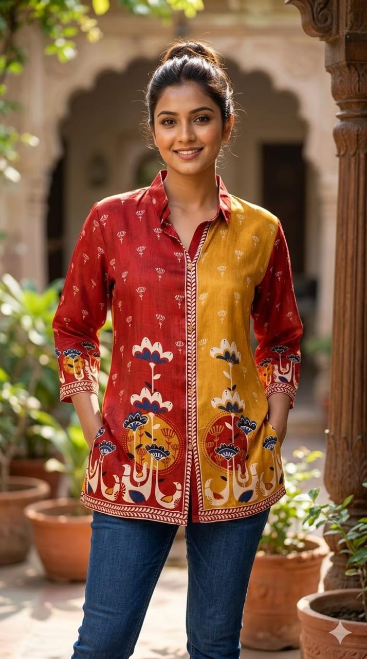 Artisnal Figure & Floral Prints Flowy Crepe Casual Shirts- 15789