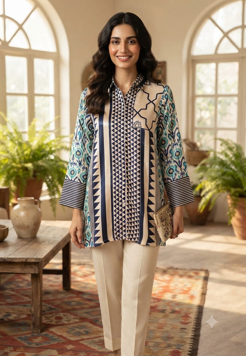 Geometric Multicolor Prints Flowy Collared Crepe Shirt- 15634