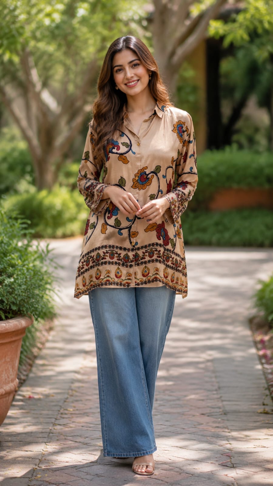 Floral Vine Branch Prints Beige Base Flowy Crepe Shirt- 15434