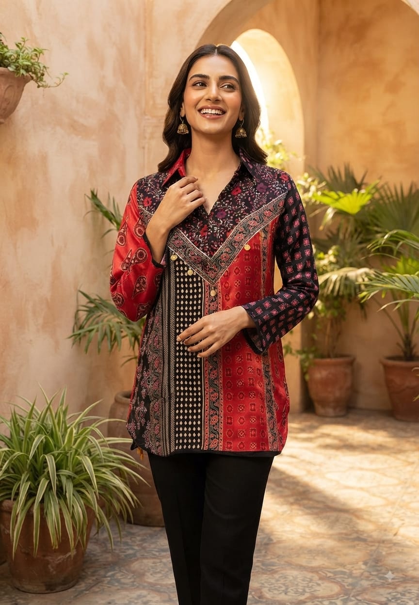 Geometric Multicolor Prints Flowy Collared Crepe Shirt- 15634