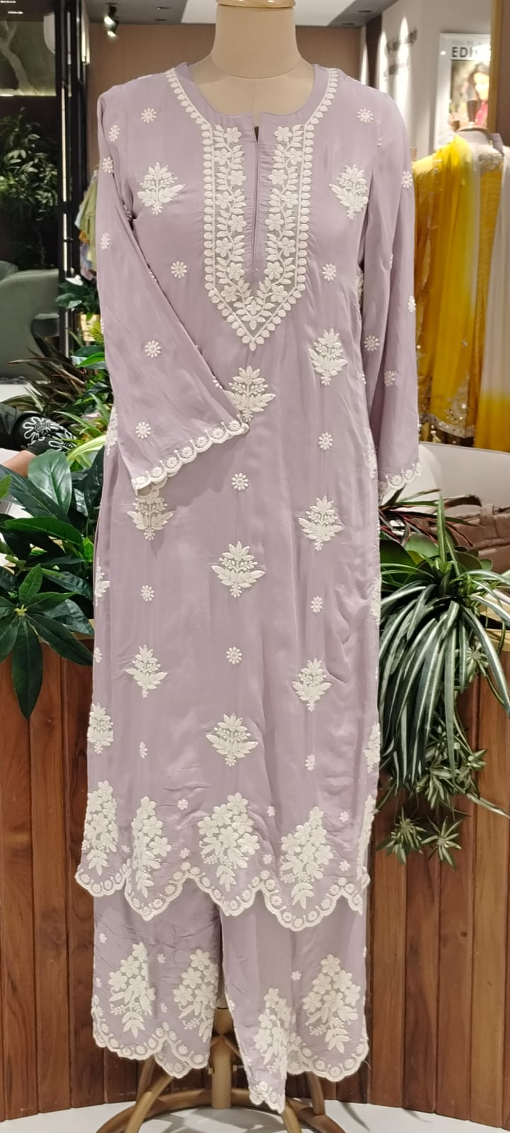 Chikankari Thread Embroidered Pastel Shades Full Suit Set With Dupatta In Muslin Fabric- 16091