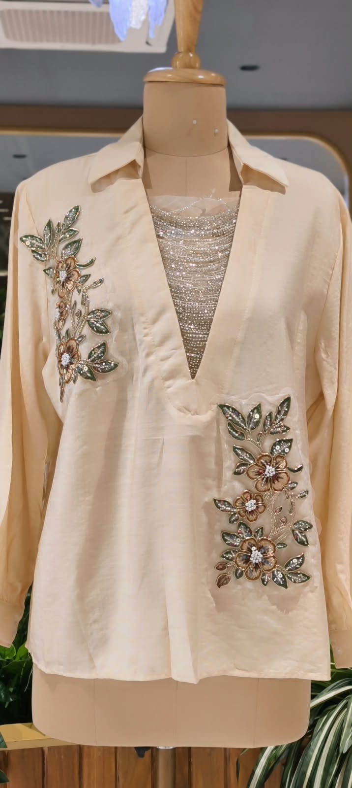 Elegant Floral Embroidery Patched Shimmer Jewel Imported Western Only Top- 16164