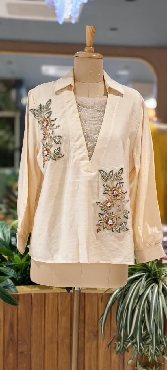 Elegant Floral Embroidery Patched Shimmer Jewel Imported Western Only Top- 16164