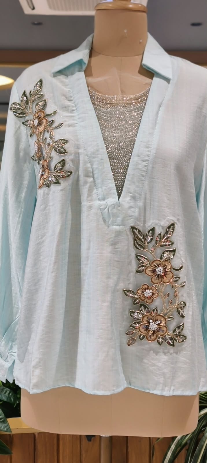 Elegant Floral Embroidery Patched Shimmer Jewel Imported Western Only Top- 16164